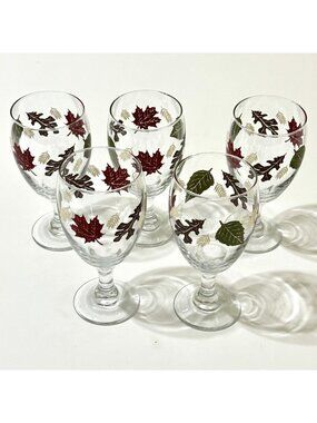 Libbey Autumn Fall Leaves Water Wine Goblet Glasses 16oz Set 5 Thanksgiving Vtg